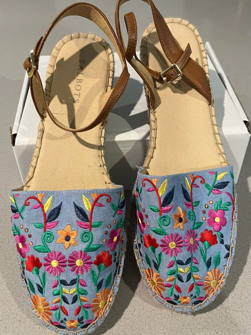 Talbots Light Blue Embroidered Floral Slingback Espadrilles
